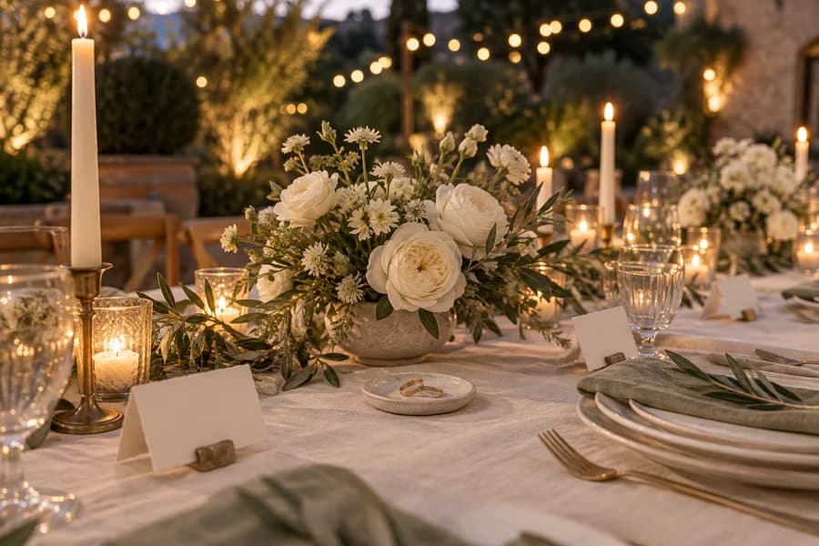 A face-free wedding table with flowers, candles, rings, and place settings