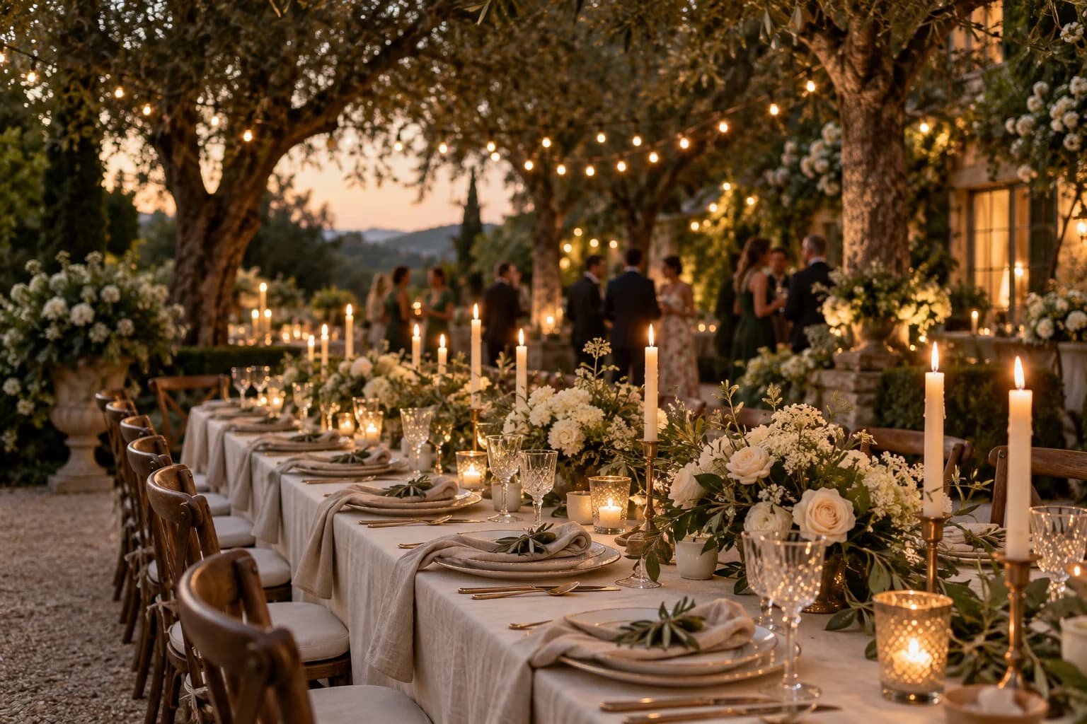 Illustrative garden wedding reception with candlelit tables and guests getting to know one another